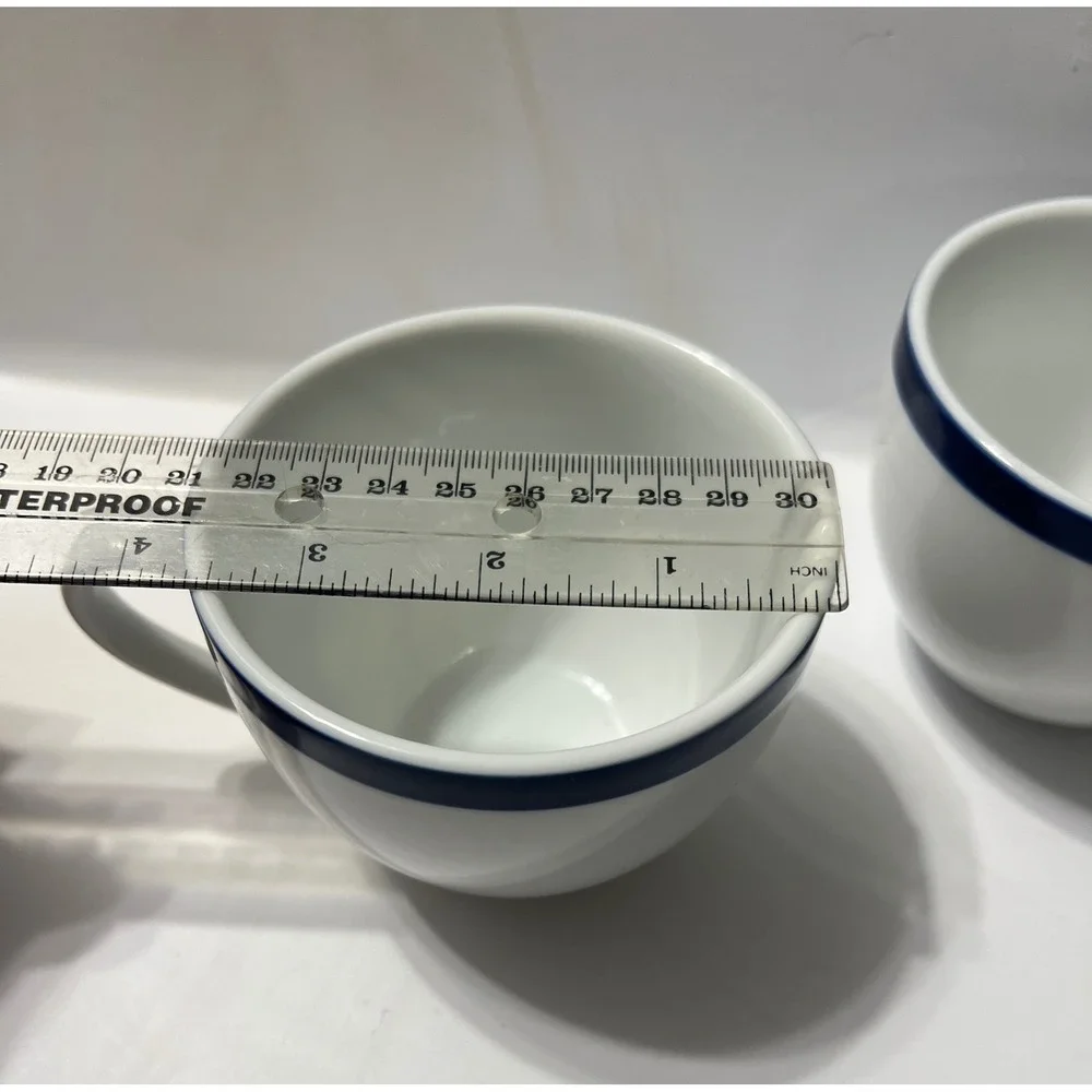 Williams Sonoma Brasserie Coffee Cups Set of 4 White Blue Rim Japan Bistro Mugs